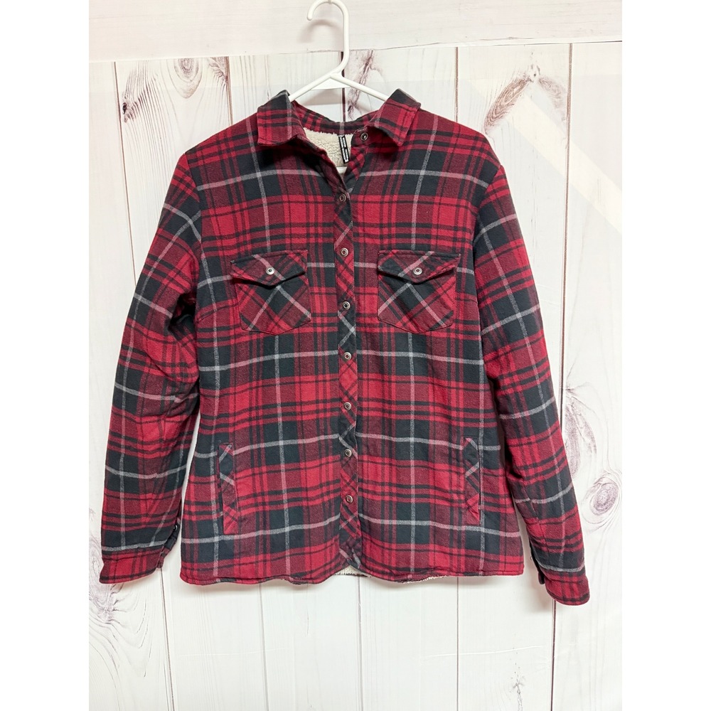 KÜHL Womens Sherpa Lined Flannel Shirt Jacket Medium Red Black Plaid Wool GUC